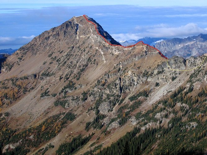 Saska Pass is off the right edge of the picture.  The yellow line denotes travel on the far side of the ridge, where I had to drop down into the meadows to bypass steep rocks.  Then the red line is the rest of the route to the summit, mostly on the crest and sometimes on the side of the peak.